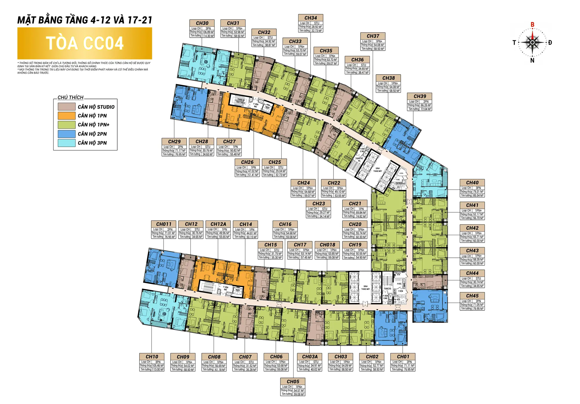 Mặt bằng tầng 4-12 và 17-21 tòa CC04 tại Charmora City, quy hoạch đa dạng loại hình từ Studio đến 3PN