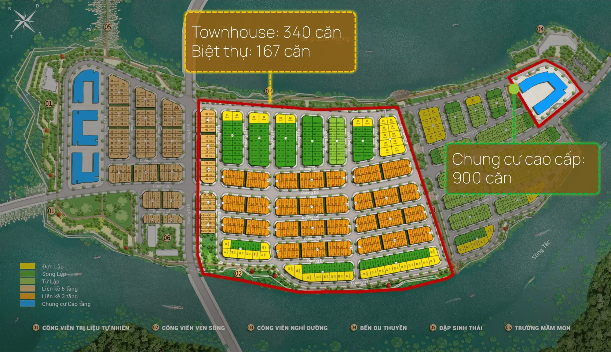 Quy hoạch đồng bộ với 900 căn chung cư, 340 townhouse và 167 biệt thự tại Charmora City - Đảo Nam sinh thái
