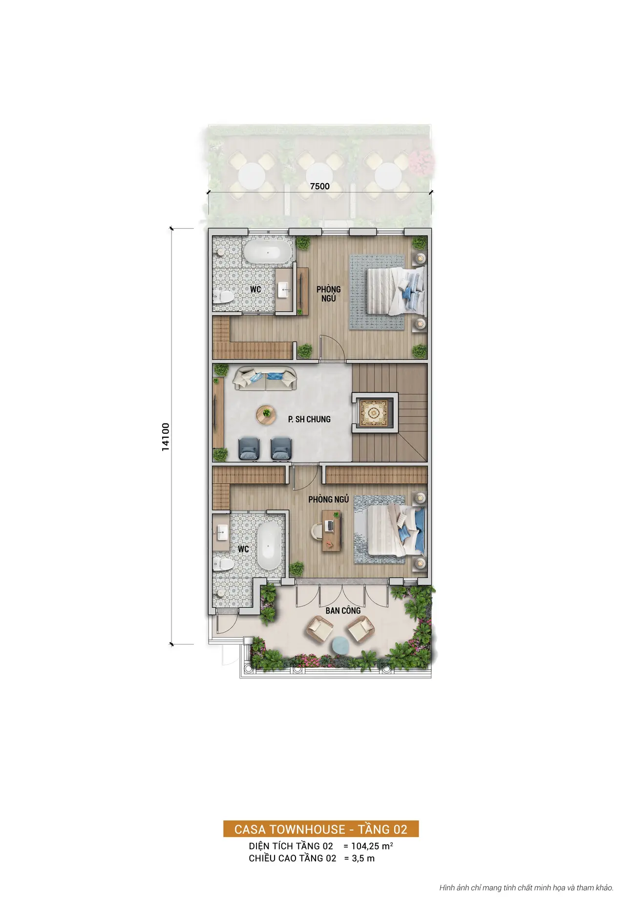 Bản vẽ chi tiết tầng 2 nhà phố Charmora City với thiết kế hiện đại, tiện nghi và không gian xanh.