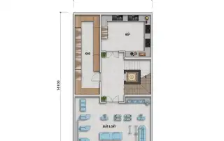 Bản vẽ tầng hầm của căn townhouse Charmora City, bao gồm khu bếp, kho lưu trữ và phòng giặt sấy.