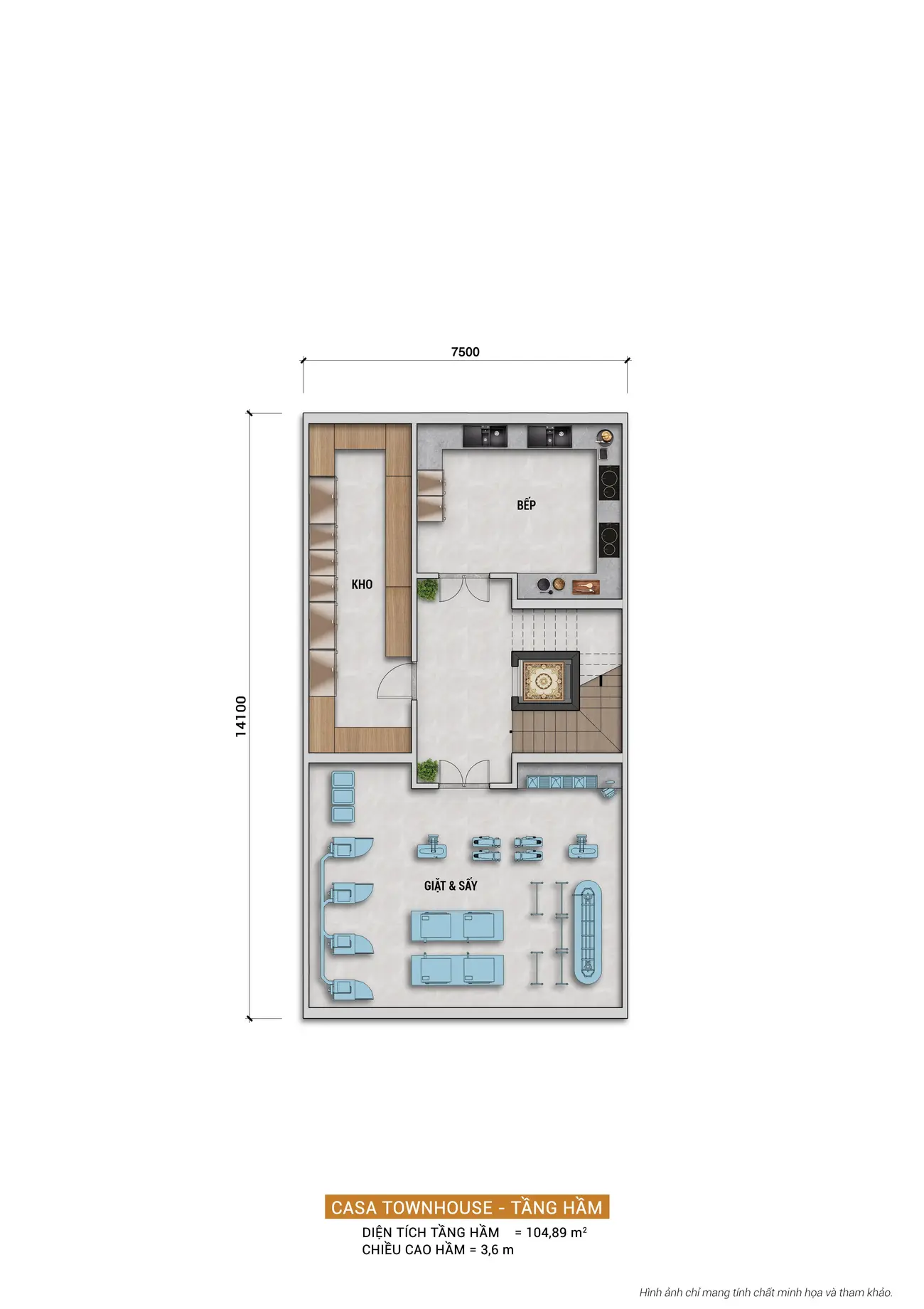 Bản vẽ thiết kế tầng hầm nhà phố Charmora City với khu giặt sấy, bếp, và kho chứa hiện đại.