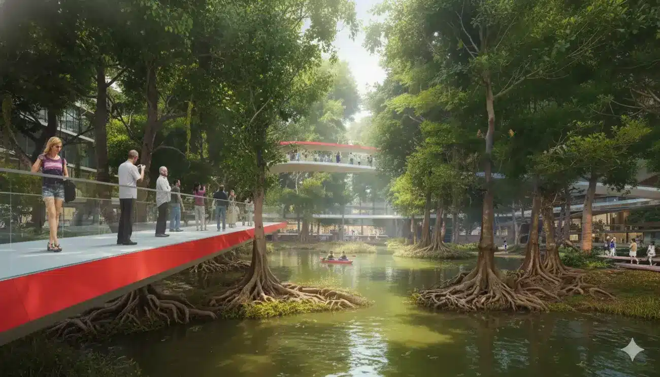 Cầu cảnh quan kết nối các đảo trong Charmora City, kết hợp kiến trúc hiện đại và không gian xanh sinh thái.