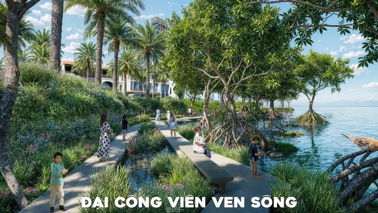 Khu công viên ven sông xanh mát tại Charmora City, nơi lý tưởng cho gia đình thư giãn và tận hưởng cuộc sống thiên nhiên.