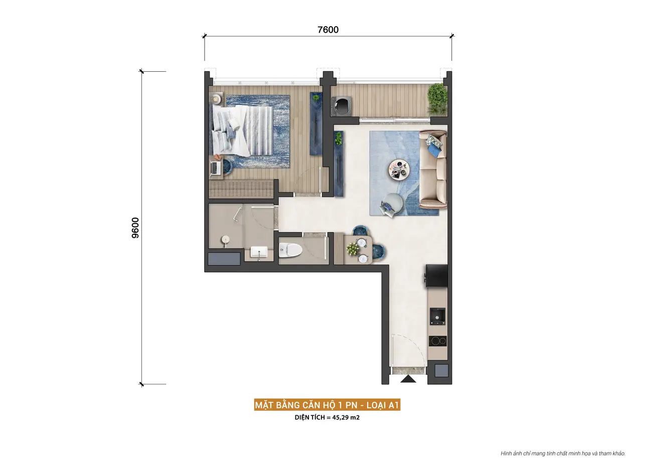 Mặt bằng căn hộ 1PN loại A1 tại Charmora City, diện tích 45,29m², tối ưu không gian sống.