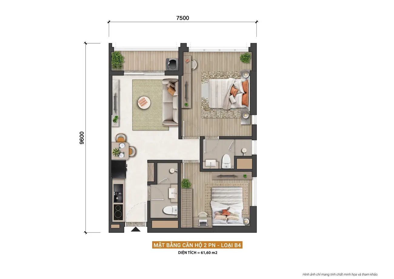 Mặt bằng căn hộ 2 phòng ngủ, loại B4 tại Charmora City – Diện tích 61,60 m².