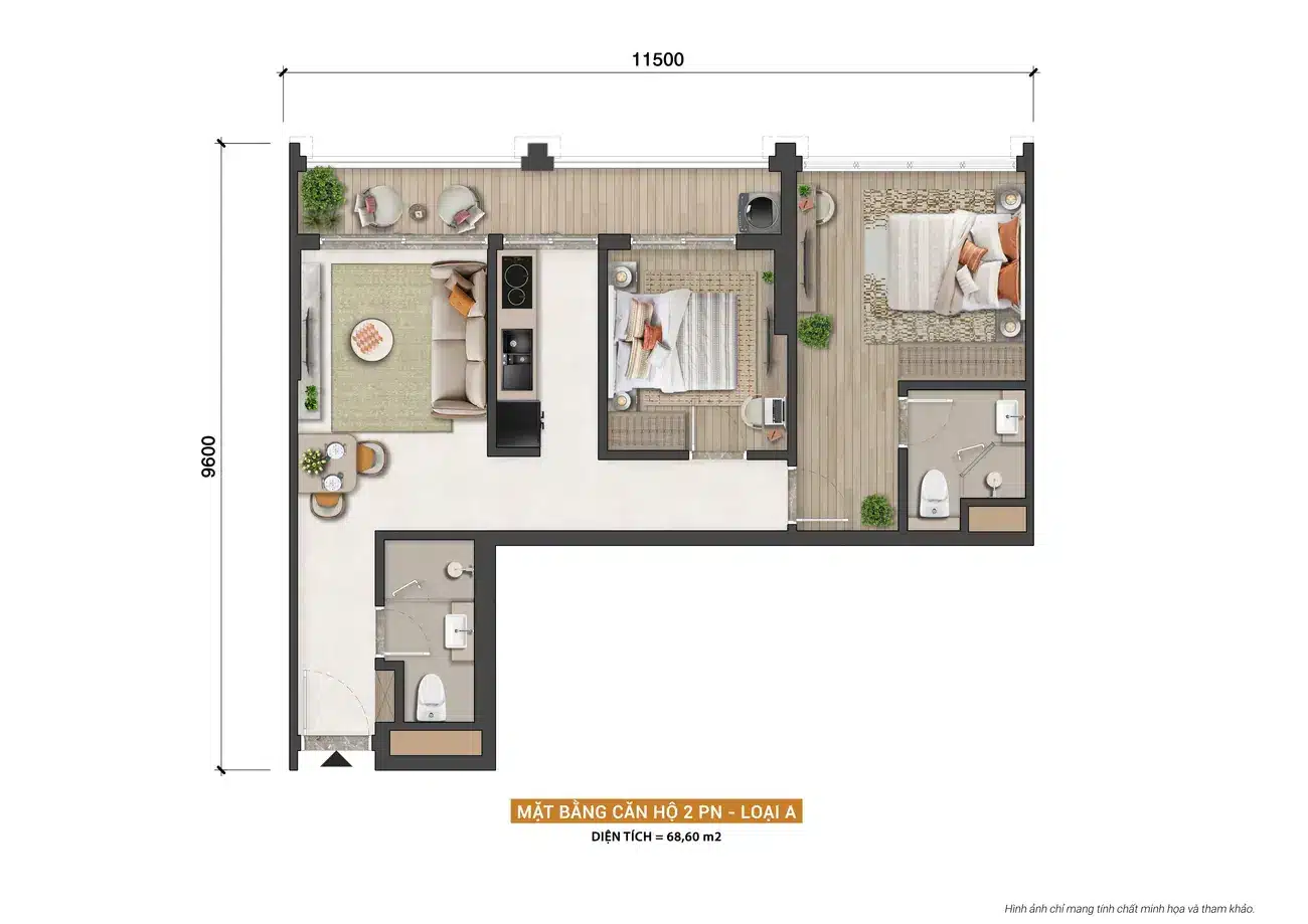 Mặt bằng căn hộ 2PN – Loại A tại Charmora City, diện tích 68,60 m², thiết kế hiện đại và tiện nghi.