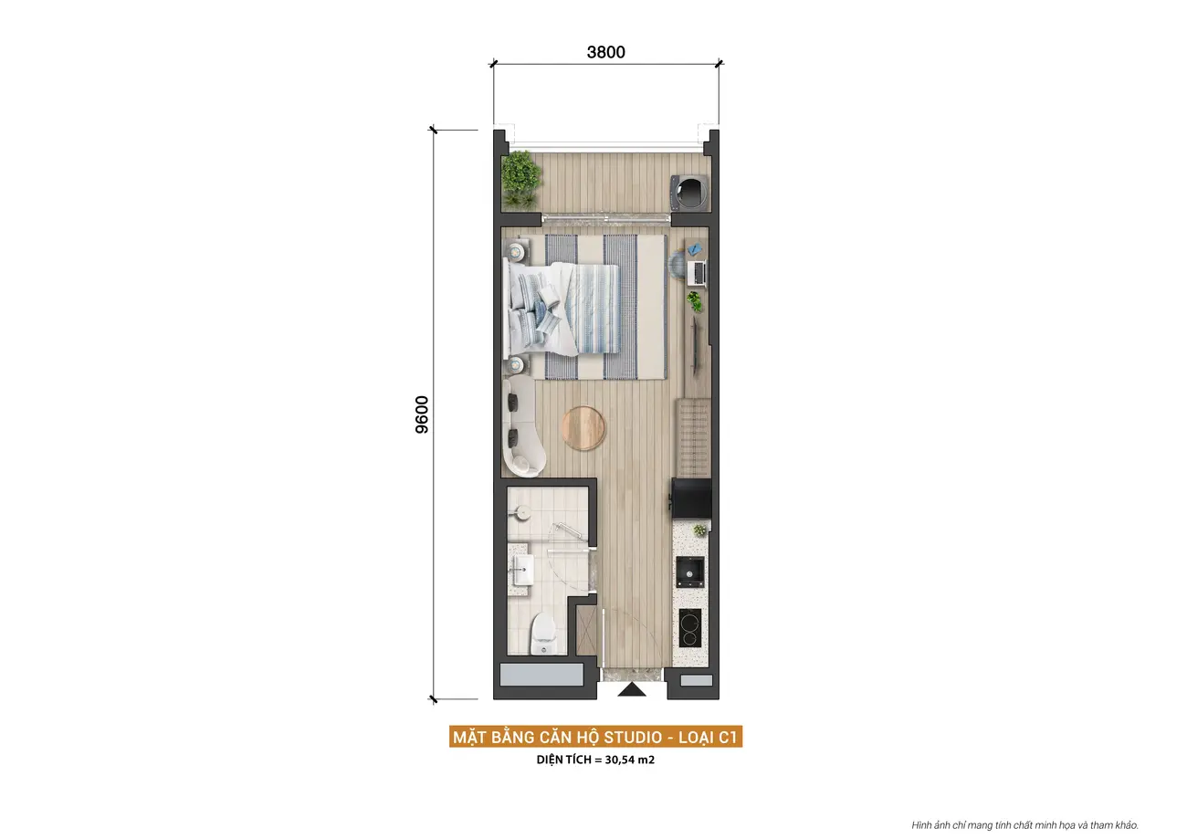 Mặt bằng căn hộ studio C1 tại Charmora City với diện tích 30,54m², tiện nghi và hiện đại.