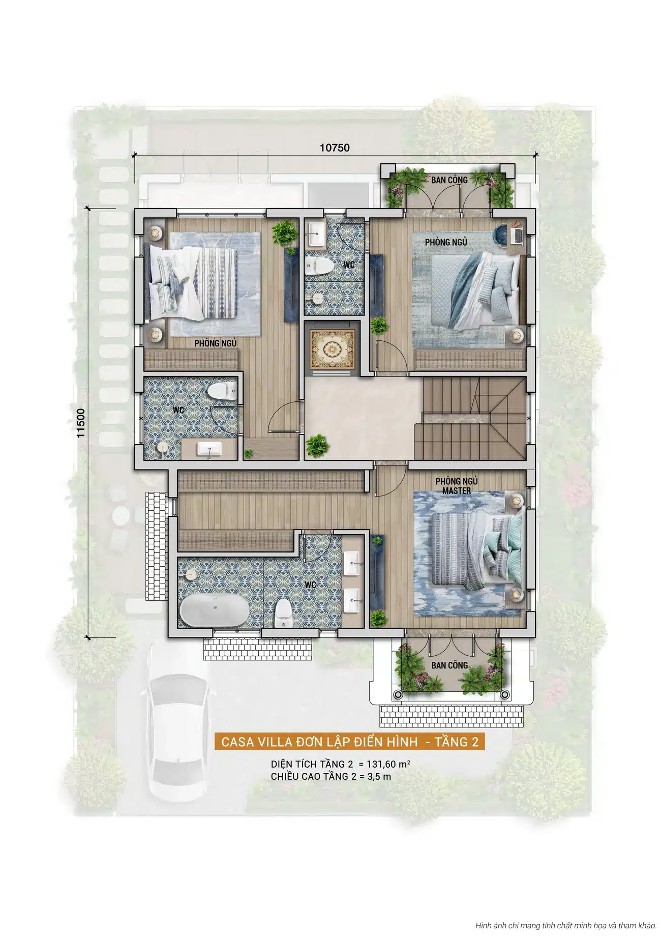 Mặt bằng tầng 2 Biệt thự Orchid tại Charmora City: 131.60m², 3PN, 2WC, ban công hướng sông.