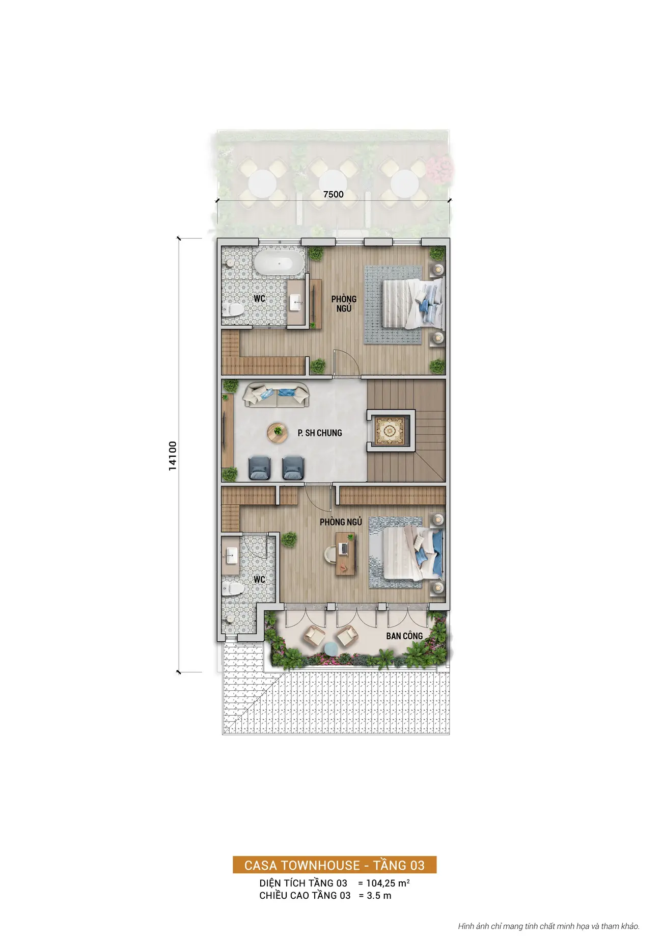 Mặt bằng tầng 3 nhà phố Charmora City, thiết kế tối ưu không gian sống với phòng ngủ rộng rãi và ban công xanh mát.