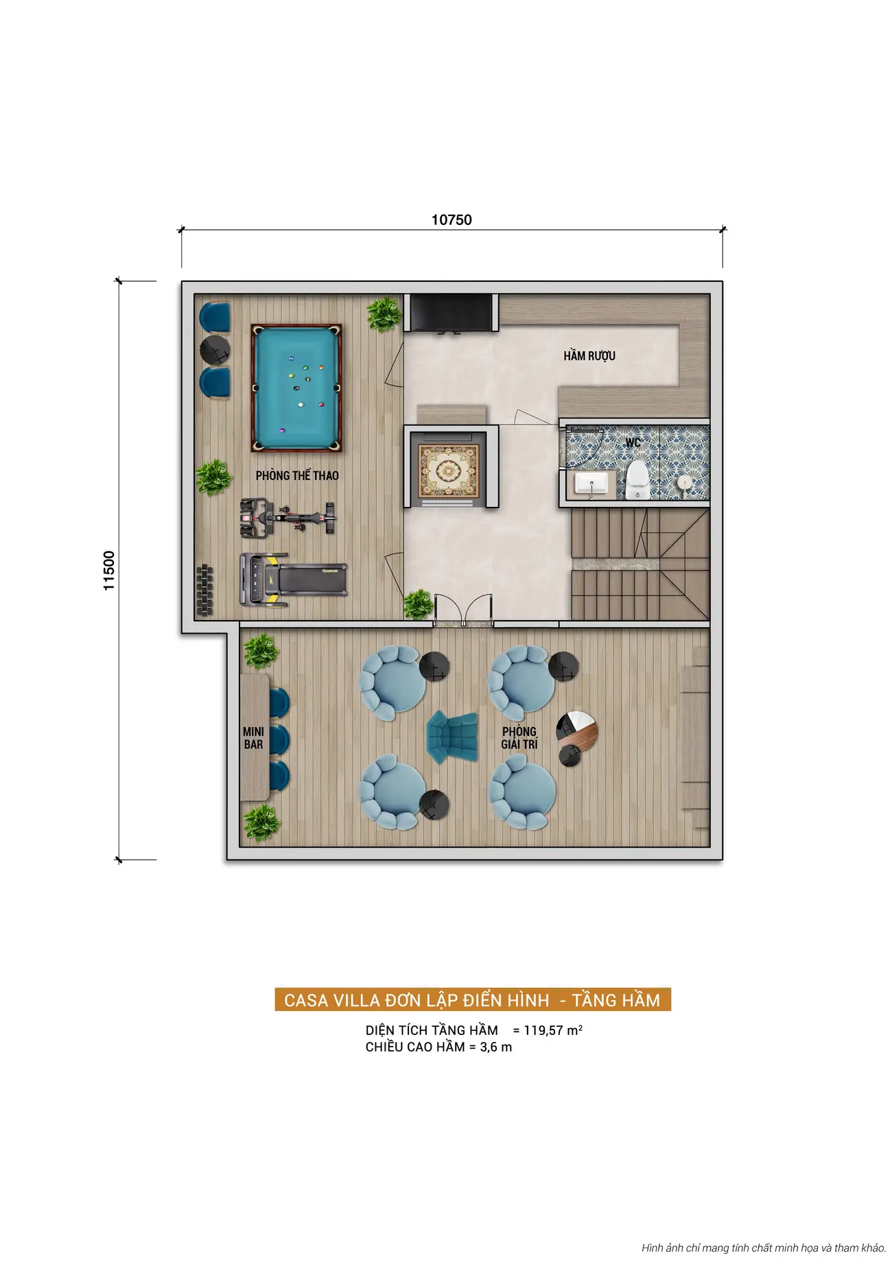 Mặt bằng tầng hầm biệt thự đơn lập Charmora City với phòng thể thao, phòng giải trí và hầm rượu.