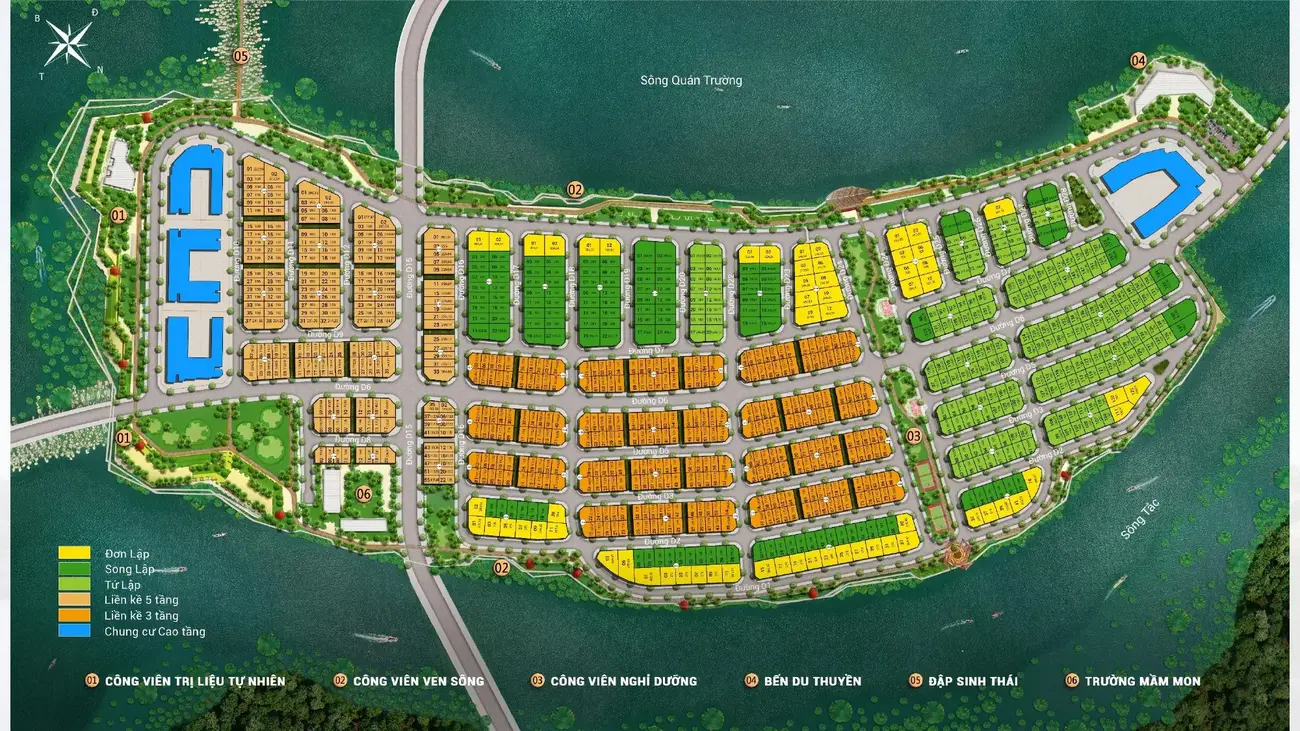 Quy hoạch tổng thể khu biệt thự Charmora City Đảo Thiên Đường với các phân khu và tiện ích đặc quyền.