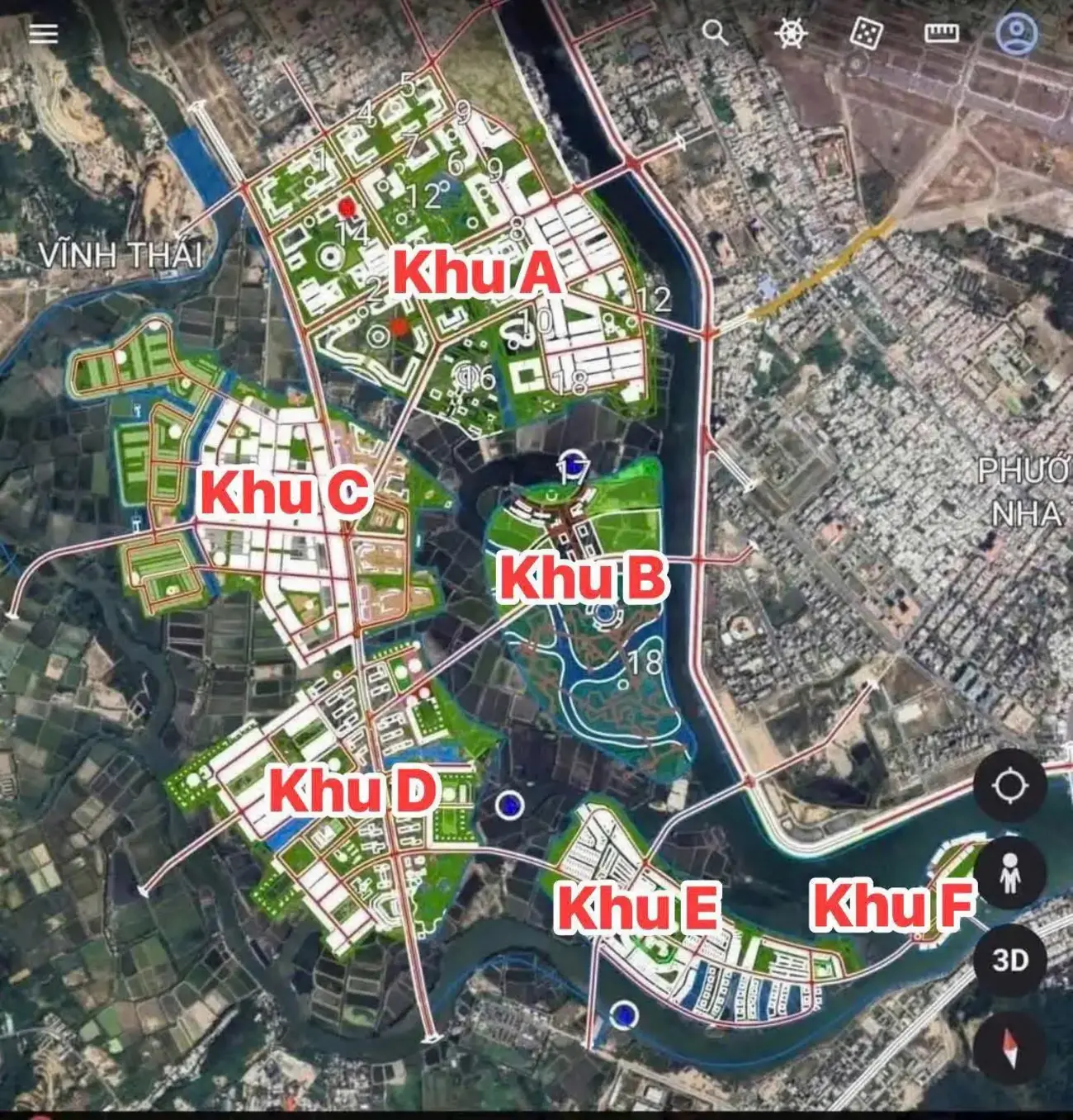 Sơ đồ dự án Charmora City tại Nha Trang, gồm sáu khu vực chính nằm giữa lòng sông Quán Trường và sông Tắc.