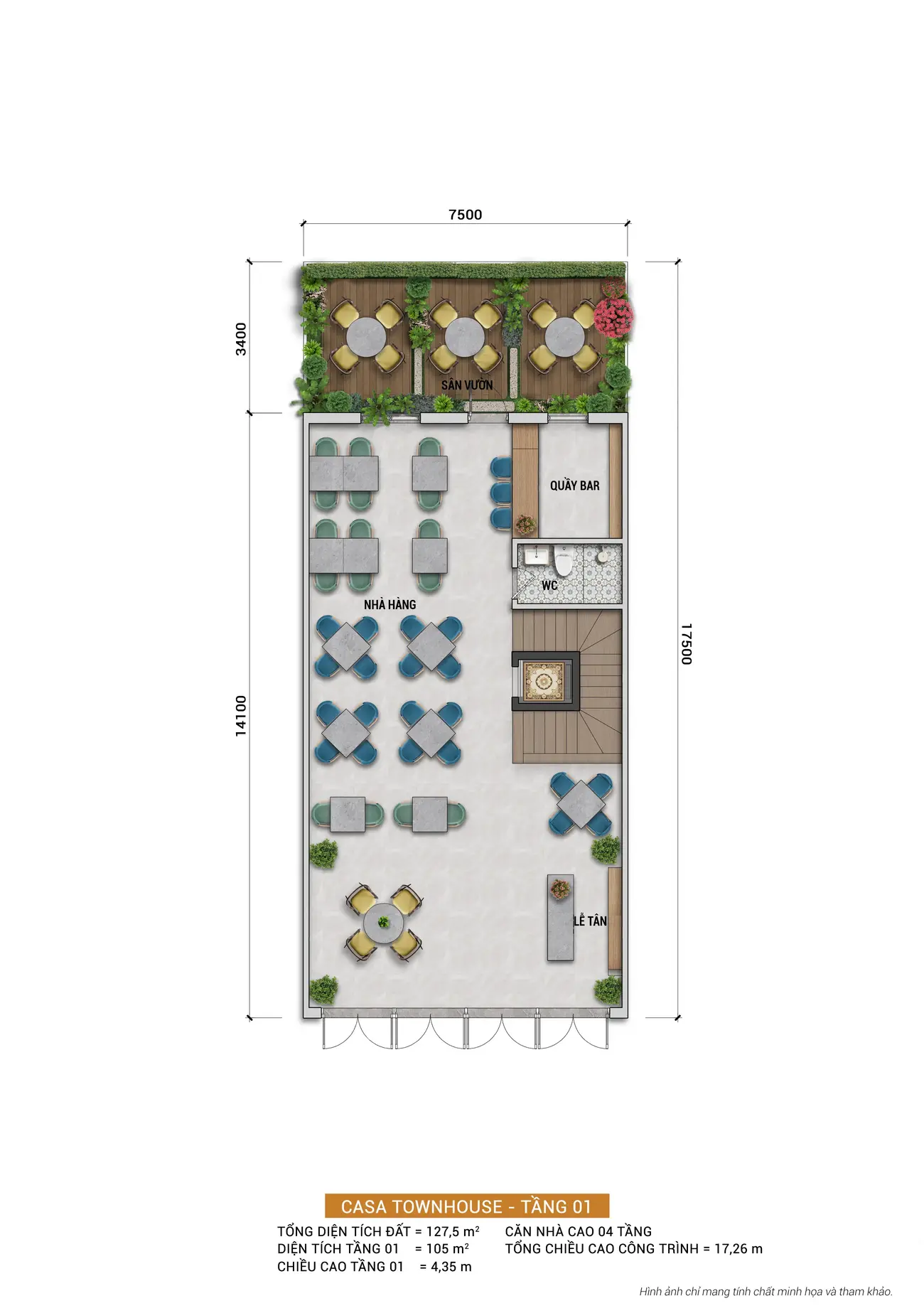 Thiết kế tầng 1 townhouse Charmora City với không gian nhà hàng, quầy bar, và sân vườn rộng rãi, tiện nghi.