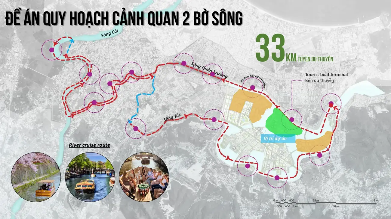 Tuyến du thuyền 33 km kết nối Charmora City qua hai bờ sông Quán Trường và sông Tắc, tạo điểm nhấn cảnh quan độc đáo.